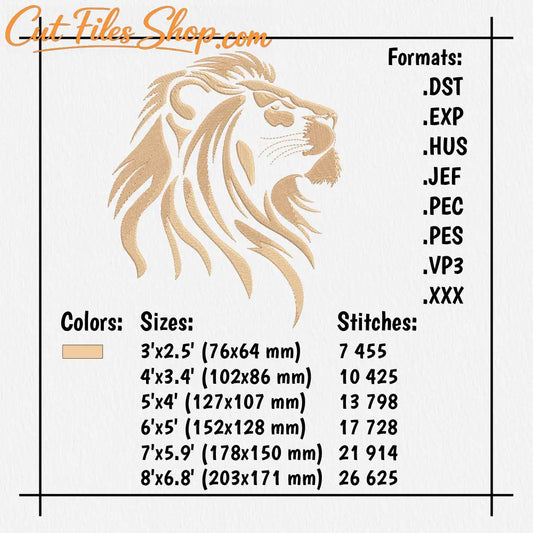 Detailed side-profile lion embroidery featuring a flowing mane and strong facial features.