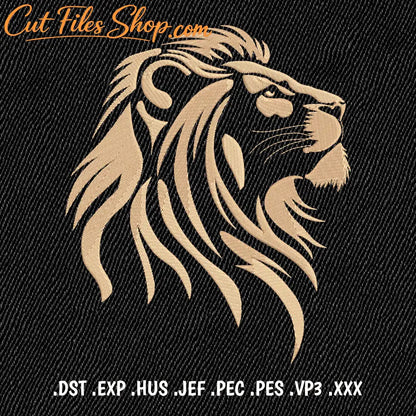 Lion head machine embroidery design stitched in golden thread on black fabric.