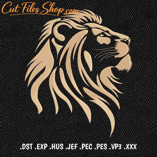Lion head machine embroidery design stitched in golden thread on black fabric.