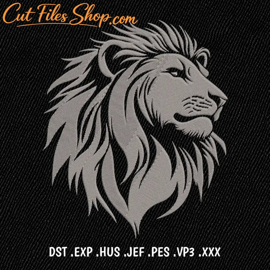 Lion head embroidery design DST PES JEF with flowing mane silhouette