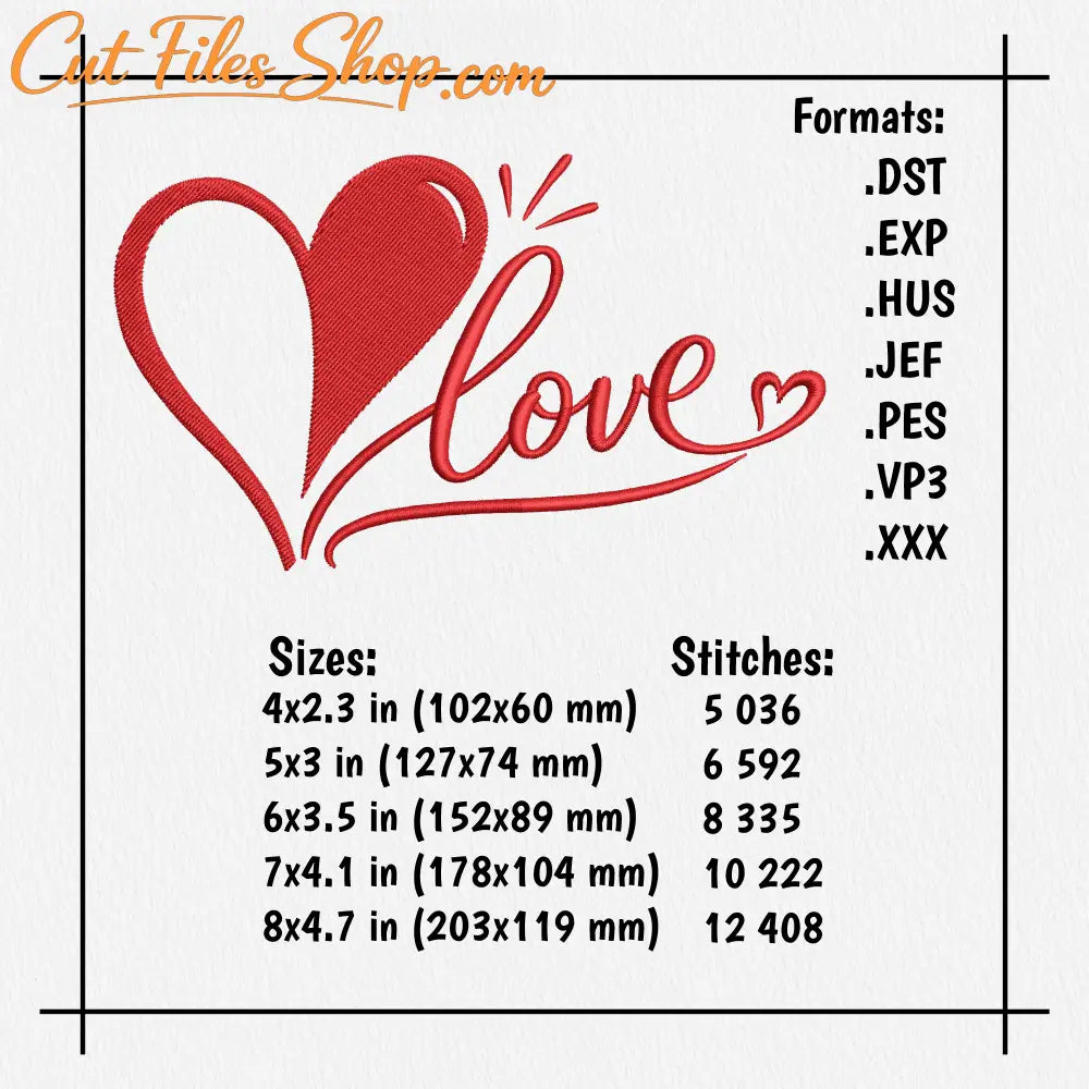 Digital embroidery love design preview with red thread details