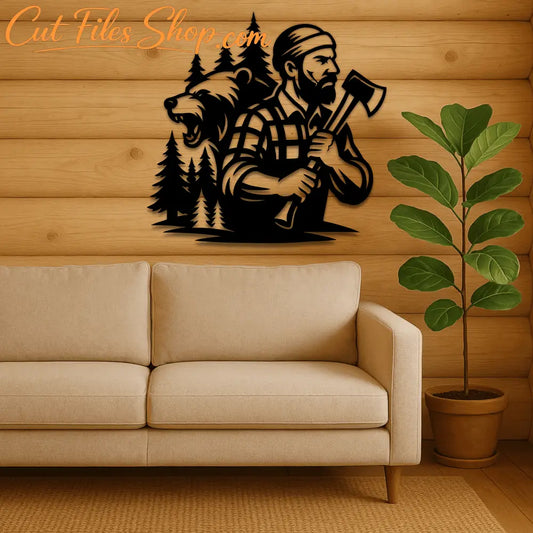 Woodsman and bear silhouette SVG for engraving