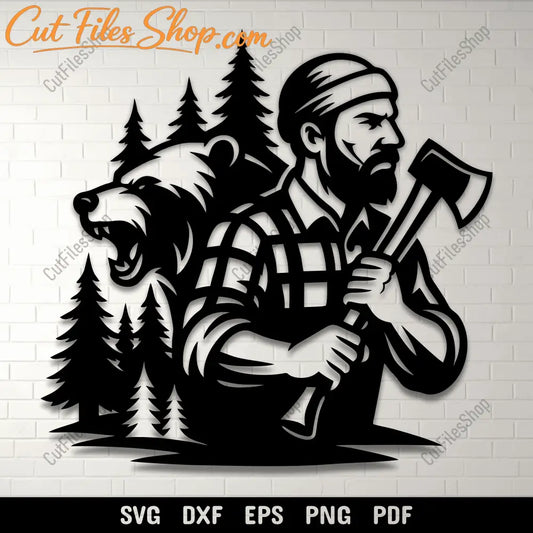 Lumberjack and bear SVG DXF PNG for CNC laser cutting