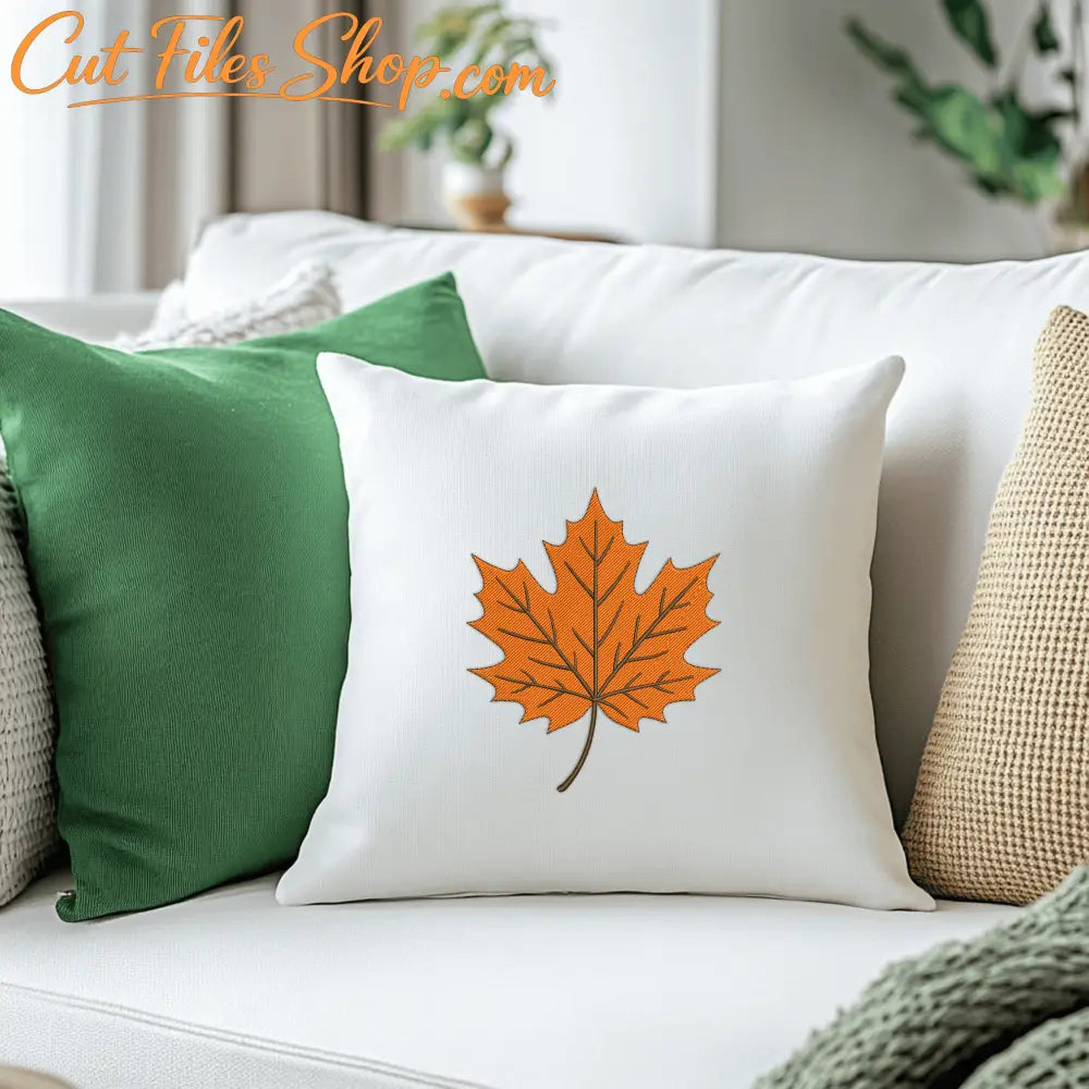 Fall season embroidery leaf design showing stitch details and formats