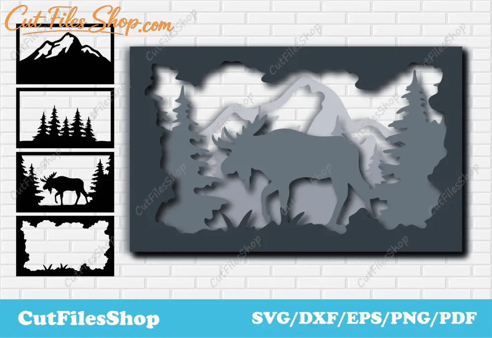 Moose 3D layered Svg Cut Files, Svg for Cricut Explore, Craft Cutting files, shadowbox 3d layered svg, 3d decor dxf, svg for cricut maker, dxf for co2 plasma, moose panel dxf, forest panel dxf