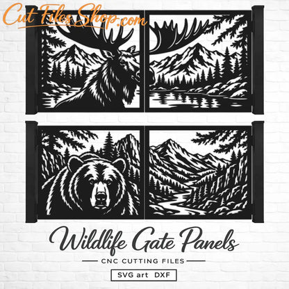 Moose and bear wildlife gate design with mountains, pine forest, lake and river