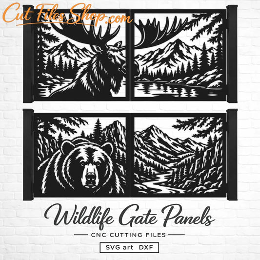 Moose and bear wildlife gate design with mountains, pine forest, lake and river