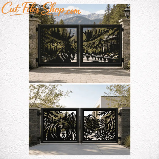 Four-section mountain wildlife gate featuring a moose, bear and forest landscape