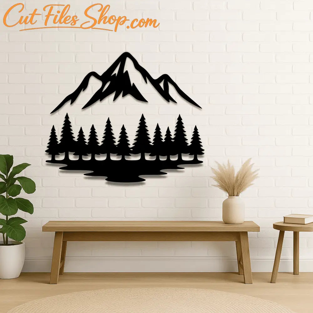 Mountain peak with pine trees nature wall art cut file