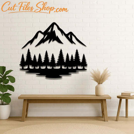 Mountain peak with pine trees nature wall art cut file