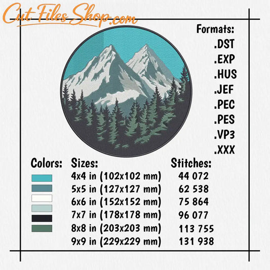 Mountain landscape machine embroidery design with snowy peaks, clouds and evergreen forest.