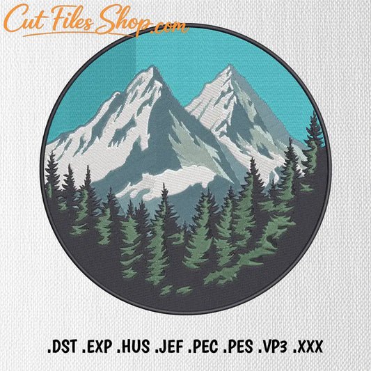Mountain bear machine embroidery design with snowy peaks, pine forest and turquoise sky.
