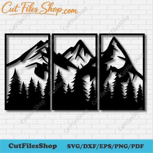 Mountains panels dxf for cnc router, Dxf files for Laser cut, Dxf for cnc Plasma cut, vinyl decal dxf, wall art dxf, panels dxf for plasma, pine forest dxf, nature panels dxf, vector cnc files, nature svg files, home decor dxf, cutting files, download dxf files, cut files shop