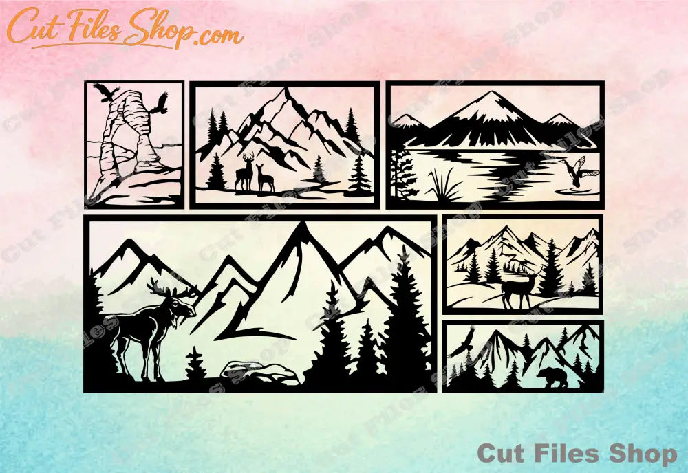 Mountains cut files, nature scene, mountains wall art, animals silhouette, dxf for laser, dxf for cnc