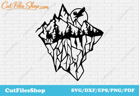 Mountains dxf for plasma cutting, Animals scenes dxf, DXF for cnc cutting, Cut Files Shop, deer scene dxf, eagle scene dxf, forest for laser cutting, sunset dxf svg, cricut cut files