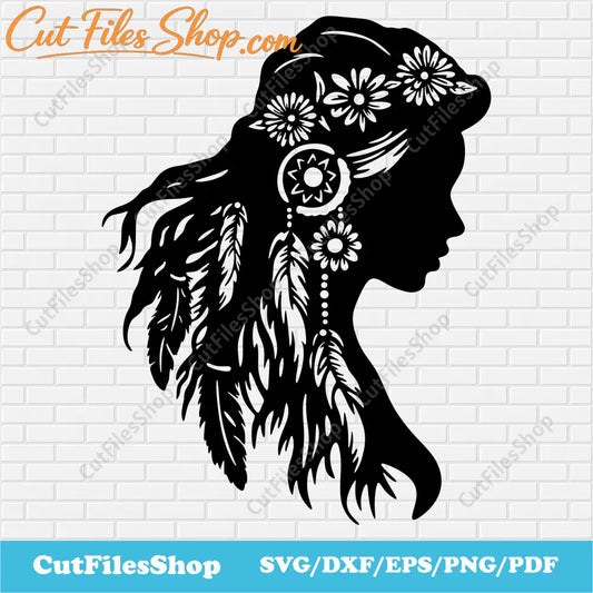 Native American Girl svg, Indian Clipart, Boho svg design, dxf for cnc laser cut, Svg for Sublimation, svg for Cricut, indian girl svg, Indian Headdress Svg File, girl with flowers svg, dxf for plasma, wall decor dxf, dream catcher svg, bohemian svg, flowing hair svg, indian svg
