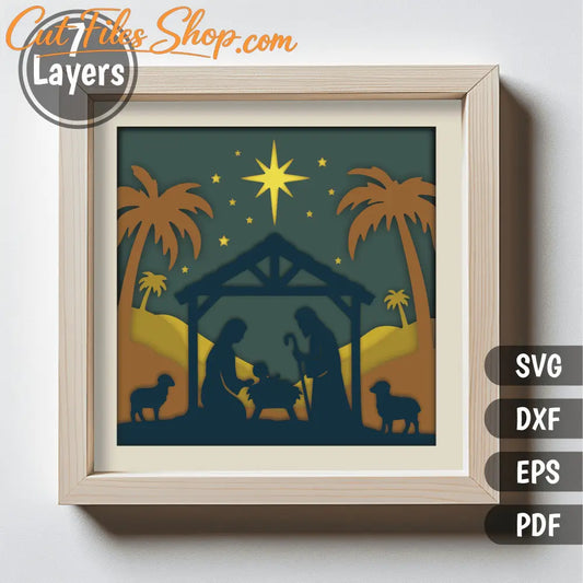 Christmas manger scene layered cutting file with star and palm trees