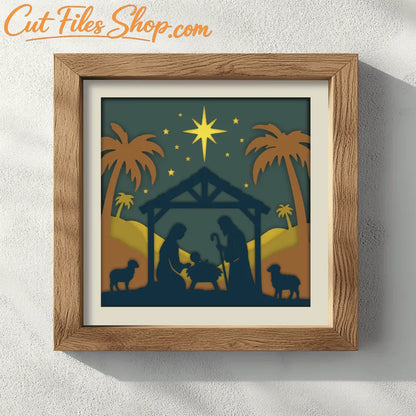 Layered Nativity scene with Mary, Joseph, and baby Jesus 3D template
