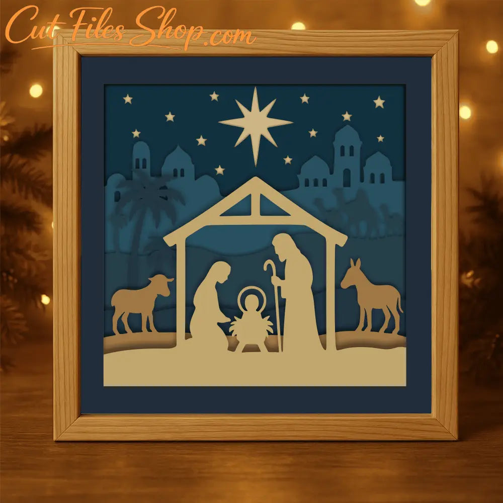 Christmas Nativity 3D shadow box with Star of Bethlehem and animals