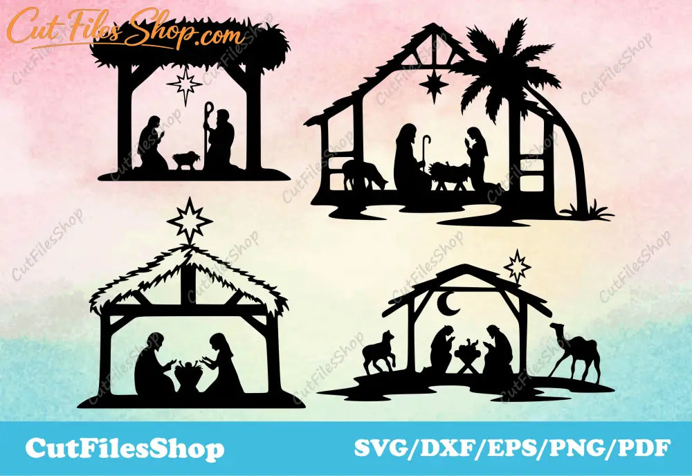 Nativity scene silhouette, Christmas images download, DXF files, SVG files