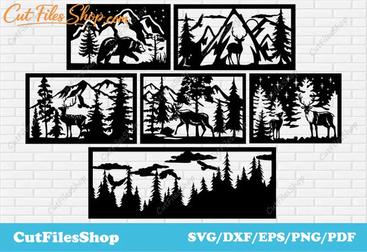 Nature panels dxf files for laser cutting, cnc files for plasma cut, svg cut files for cricut, Dxf files, cnc files, dxf cut files, panels decor dxf, svg cut files, deer dxf, moose dxf, forest dxf, cnc cut files, mountains scene dxf, wall decor cnc dxf, bear scene dxf, deer scene dxf, home decor dxf, wildlife scene dxf, cutting machine files, panels art dxf, cut files, cricut svg, dxf for cnc, animal clipart, animal scene dxf, laser cut files, plasma cut files