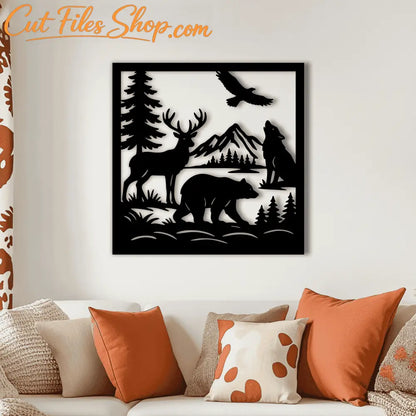 Bear Deer Wolf Eagle - Engraving-ready panel vector art