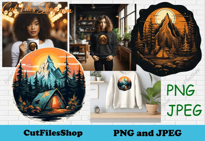 Nature png transparent for T shirt design, png art for sublimation, mountains art for sticker, sublimation art, forest t shirt design, nature tshirt design, camping art png, camping for sublimation