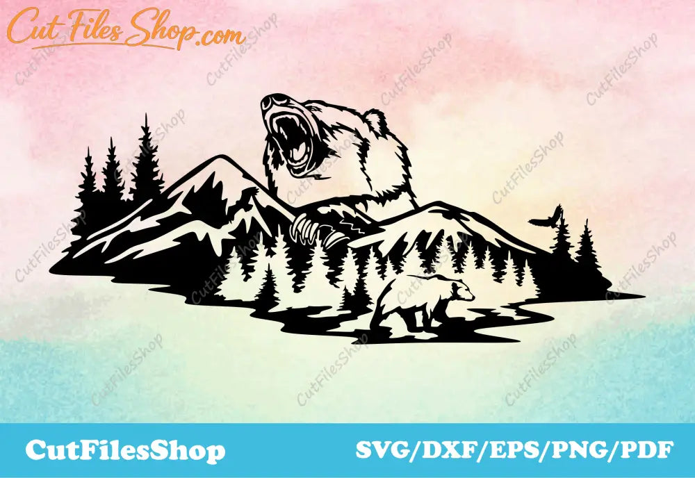 Nature scene dxf for laser cutting, bear cut file, dxf files for wood cnc, SVG files for cricut, Silhouette files