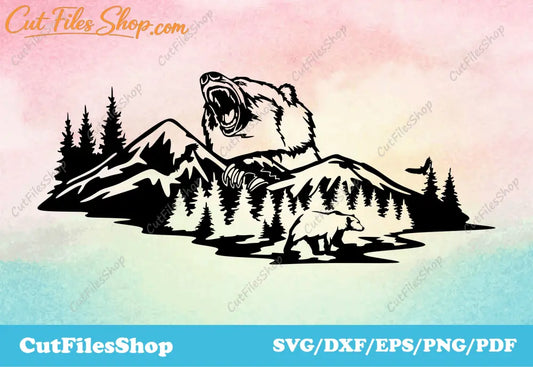 Nature scene dxf for laser cutting, bear cut file, dxf files for wood cnc, SVG files for cricut, Silhouette files