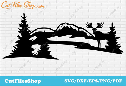 Nature scene dxf for laser cut, Deer scene dxf for plasma cut, Deer svg for cricut, dxf animals for plasma machines, svg crafts nature, laser cut wildlife dxf, forest scene dxf, art dxf for cnc, art deco dxf, download cnc files
