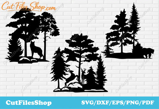 Nature scenes dxf for cnc laser cutting, CNC files for plasma, Animals scenes dxf, Cut Files Shop, wolf scene dxf for cricut, deer scene dxf svg for laser, plasma cutting dxf bear, forest dxf for cnc, wildlife scene dxf svg for cnc cutting