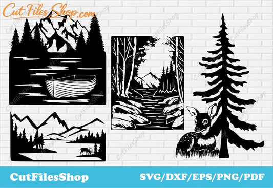 Nature scenes dxf for cnc plasma, craft files download, DXF files for laser cutting, SVG for Cricut, wildlife dxf free, nature decor dxf, free vector designs, free cutting files, t-shirt svg, laser files, home decor dxf, dxf cnc plasma, images dxf for laser, plasma cutter files, laser cut wood, free silhouette files, deer scenes dxf, mountains dxf files, forest dxf files