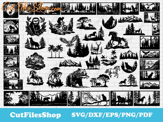 Nature scenes dxf for Laser cut, CNC files for Plasma Cutting, Panels dxf for cnc, Animals scenes dxf, Metal decor dxf designs, free cnc files, dxf art, screen dxf download, free download dxf files, wood decor dxf, wall art cnc designs, bear dxf, deer dxf, panels art dxf, mountains scenes dxf, wolf dxf, wild animals dxf, eagle dxf, horse dxf for plasma, sloth svg, free svg cut files, hunting dog svg, oak tree dxf