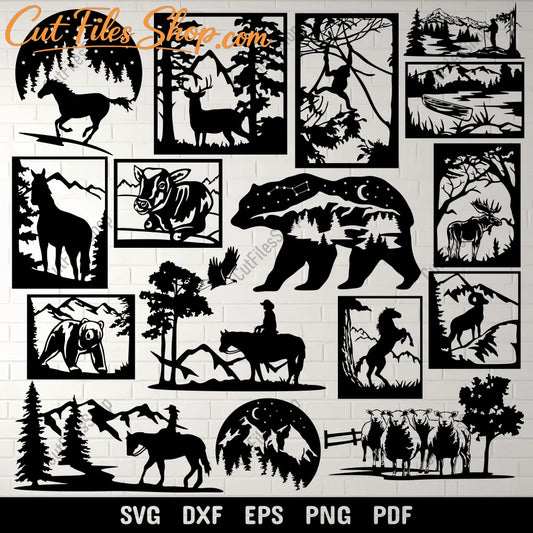 Nature Scenes Vector Cut Files, DXF for CNC & Laser, SVG for Cricut & Vinyl