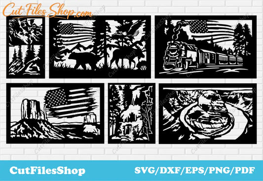 North America nature dxf for laser cut, dxf art panels, dxf for cnc, panels dxf for plasma cut, American Flag art dxf, retro train scene dxf, american animals scene dxf, wildlife of north america dxf, art panels for plasma, dxf for router, dxf panels bundles, monument valley dxf for cnc cutting, waterfall svg dxf files, river dxf, Flag of the United States dxf