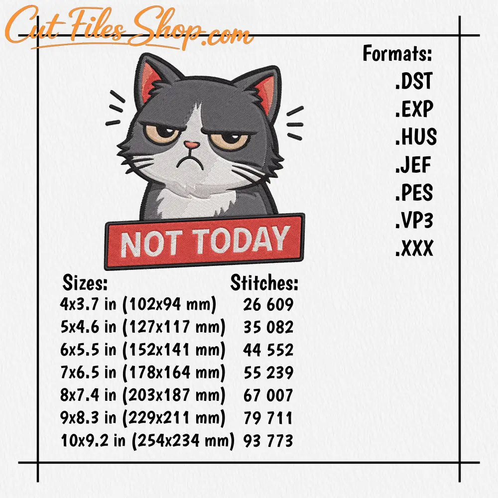 not today cat embroidery digital download