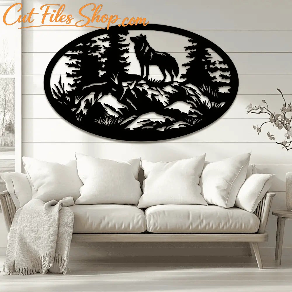 CNC laser cut wolf in oval scene