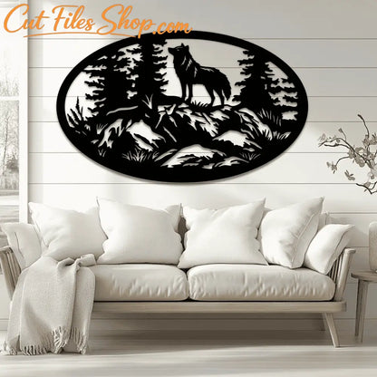 CNC laser cut wolf in oval scene