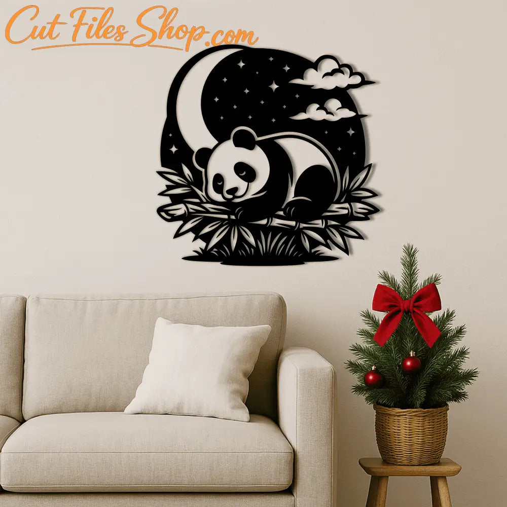 Panda family silhouette wall art template