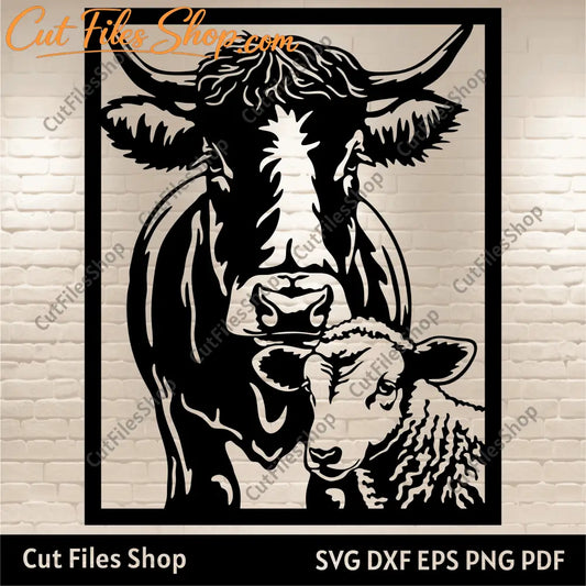 Panel Dxf for Laser cut, Cow with Sheep Svg, Farm life svg for Cricut, Cnc Cutting files, Scrapbooking clipart, screen cnc design, peeking cow svg, peeking sheep svg, farm scene dxf, silhouette cow cut files, free download svg files, wood cnc svg files, dxf for cnc router