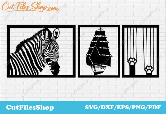 Panels dxf files for plasma cutting, ship dxf file, zebra dxf file, files for cnc laser, files for cnc, dxf cut files, panels dxf files, cnc panels for laser cut, panels cnc files