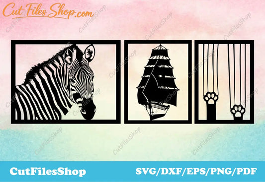 DXF files Wall decor for laser cutting, Cricut files, Wall art sticker svg, Dxf for waterjet cut, Files for cnc Plasma cut, dxf decorations, DXF for CNC, zebra panels dxf, cat panels dxf, ship panel dxf