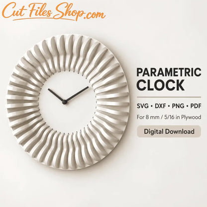 White parametric wall clock with 42 curved plywood sections, black hands and a 400 mm diameter.