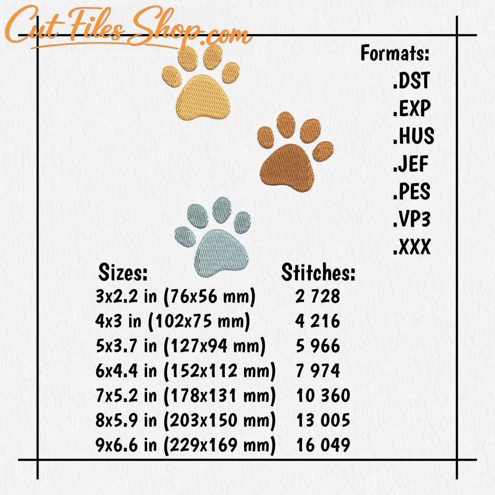 Colorful paw print embroidery file in multiple formats for animal lovers