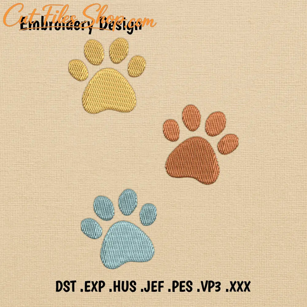 Paw prints embroidery design with colorful dog and cat paw shapes