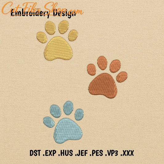 Paw prints embroidery design with colorful dog and cat paw shapes
