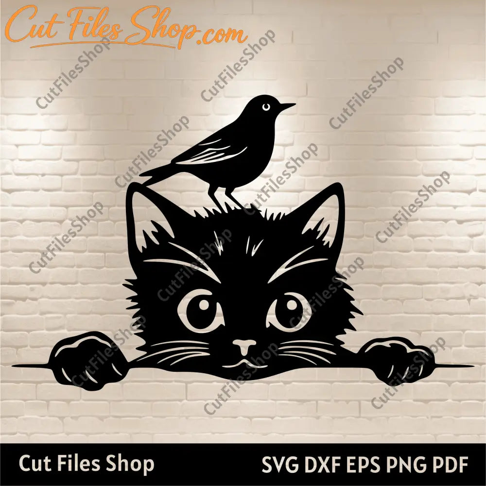 Peeking cat with bird svg, Cat dxf files, Peeking cat cut files for Cricut, T-shirt design, Cnc router files, wall metal decor dxf, svg for plywood cut, wood wall decor svg, cnc cutting, bird svg files, best free laser cut svg files, dxf for silhouette studio