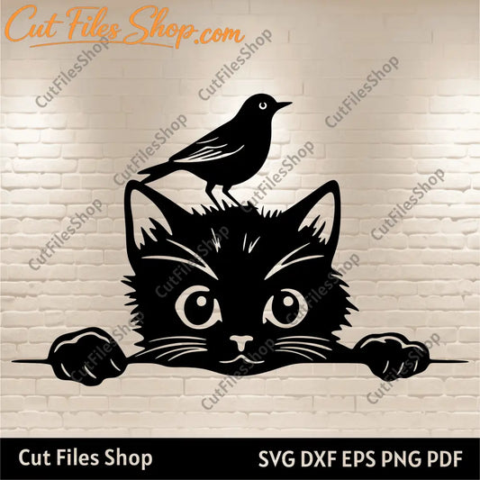 Peeking cat with bird svg, Cat dxf files, Peeking cat cut files for Cricut, T-shirt design, Cnc router files, wall metal decor dxf, svg for plywood cut, wood wall decor svg, cnc cutting, bird svg files, best free laser cut svg files, dxf for silhouette studio