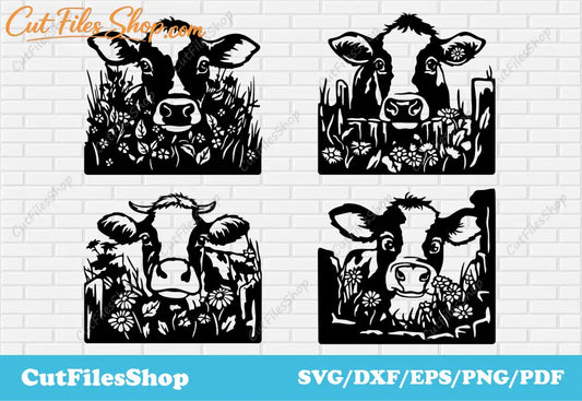 Peeking cute cows svg cut files for cricut, dxf cows for laser cut, cow png for sublimation, cow in flowers svg, cow in grass svg, cow dxf for decor making, farm scene dxf, cow for laser, cute cows for cricut, cows png files