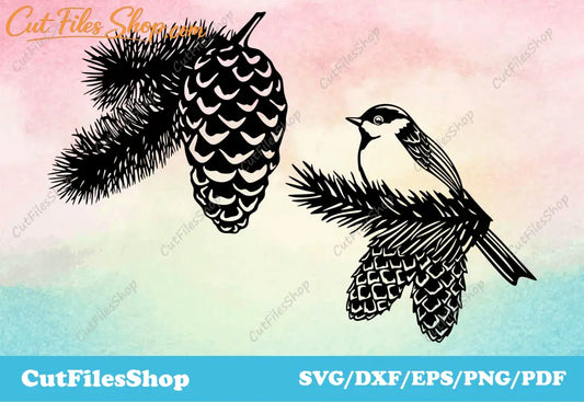 Pine cone svg, bird cutting files, vector files, Christmas tree, pine
